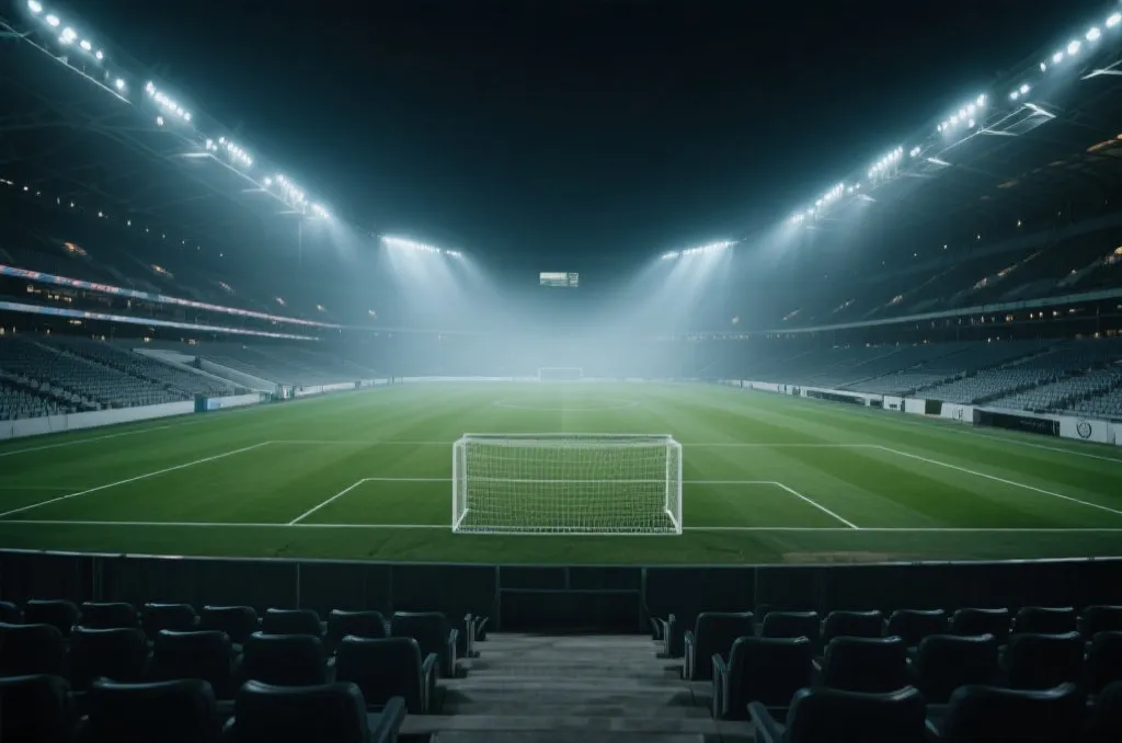 An empty modern soccer stadium pitch under bright stadium lights at night, wide angle, cinematic mist