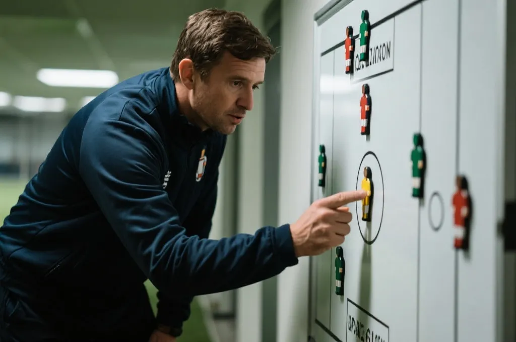 Professional football coach analyzing tactical board with magnetic player markers