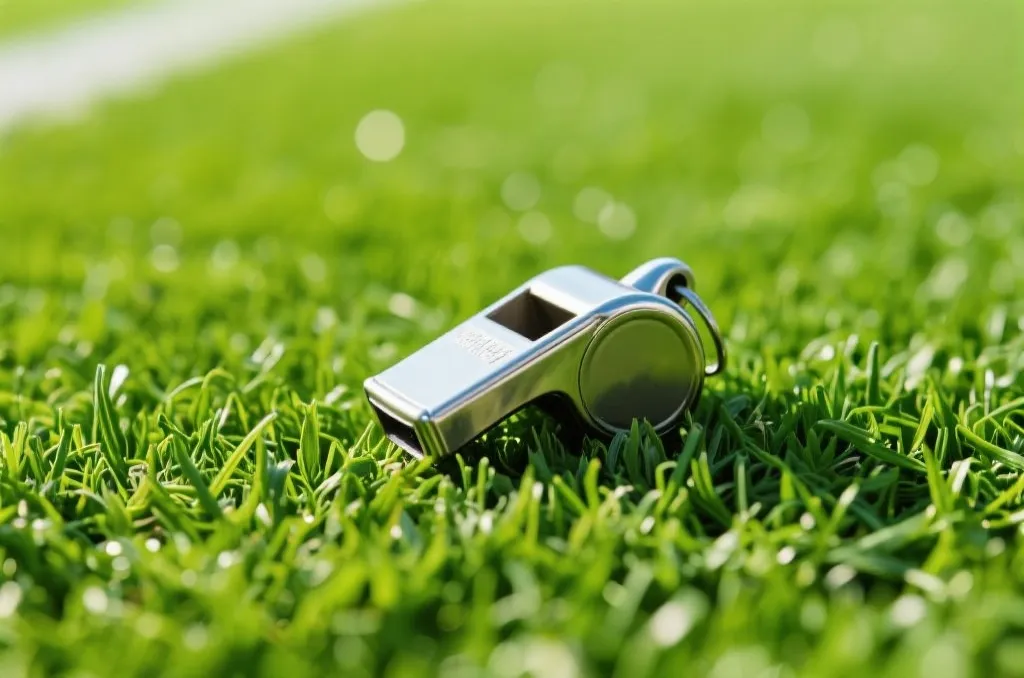 A close-up of a classic silver referee whistle lying on a vibrant green football pitch grass, bright daylight, editorial style