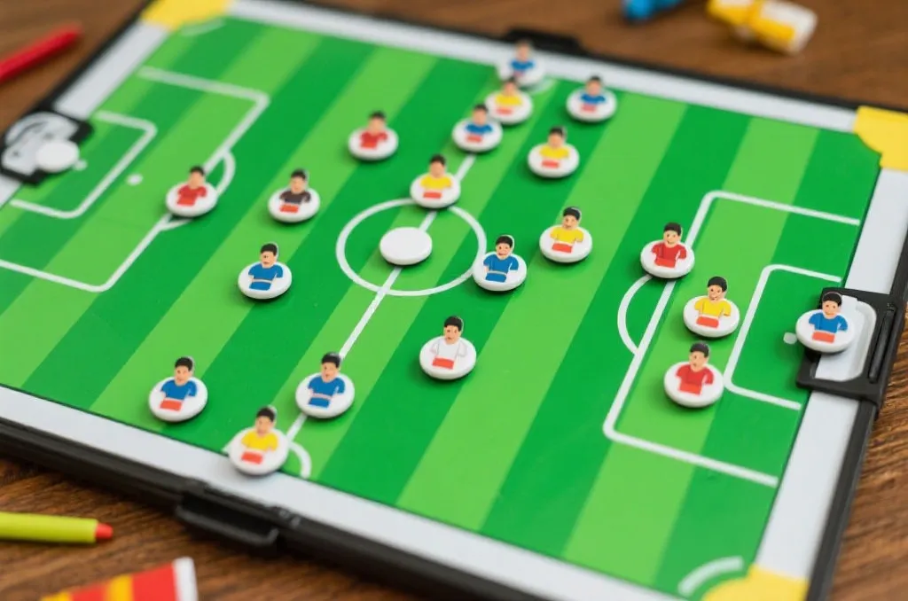 A detailed soccer tactical board with magnetic player markers showing defensive and offensive formations, clean green field background, overhead view