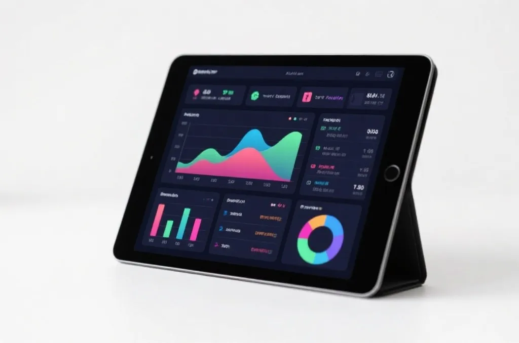A modern sports analytics dashboard displayed on a digital tablet, showing abstract colorful charts and performance graphs